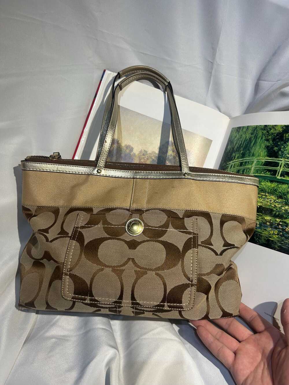 Women's Coach Khaki  Brown CC Logo Canvas & Leather Tote Shoulder Handbag